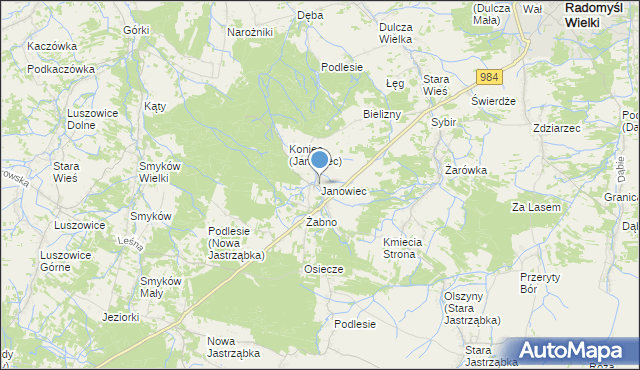 mapa Janowiec, Janowiec gmina Radomyśl Wielki na mapie Targeo